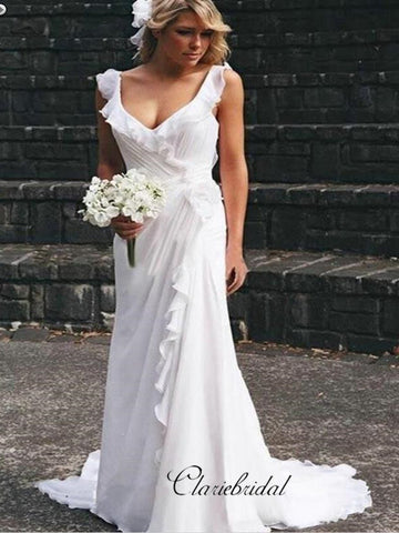 Ruffled Neckline White Chiffon Wedding Gowns, Simple Cheap Wedding Dresses 2019