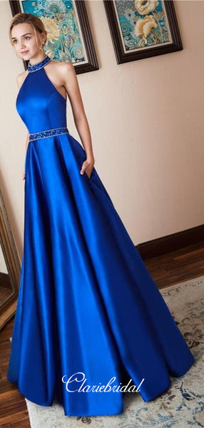 Satin Royal Blue Prom Dress,Beaded Halter Neckline Prom Dresses, Fashion Prom Dresses