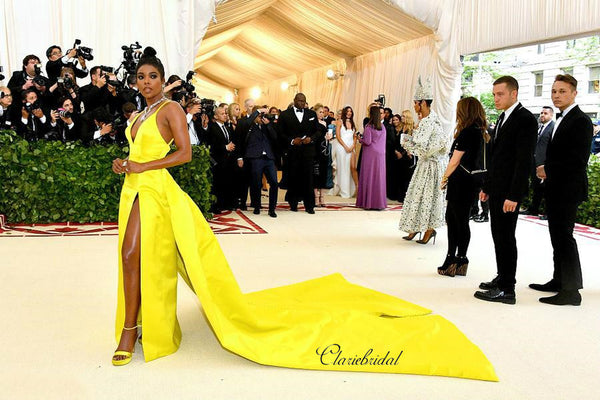 Yellow Unique Celebrity Prom Dress, Popular Satin Prom Dresses, V-neck Prom Dresses