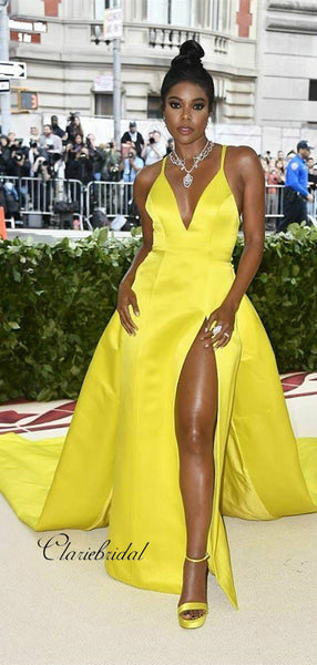 Yellow Unique Celebrity Prom Dress, Popular Satin Prom Dresses, V-neck Prom Dresses
