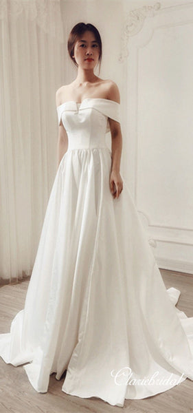 Off Shoulder A-line Ivory Satin Elegant Wedding Dresses