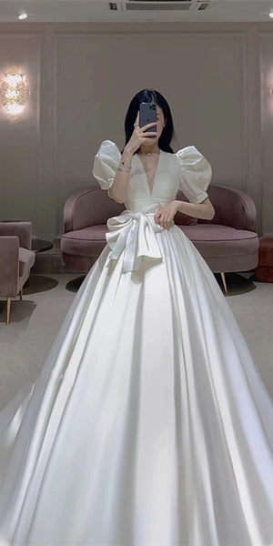 V-neck Bubble Sleeves Satin Wedding Dresses, Bridal Gown, Newest Chic Wedding Dresses