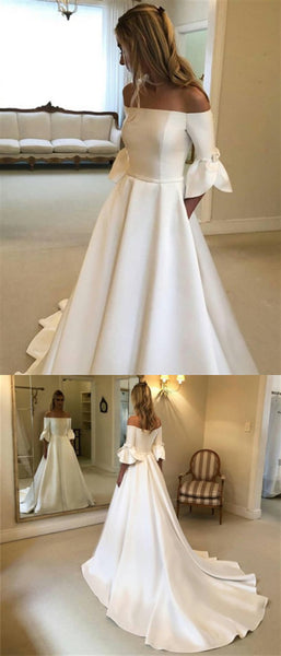 Off Shoulder Long A-line Ivory Satin Wedding Dresses, Elegant Long Wedding Dresses, Bridal Gown