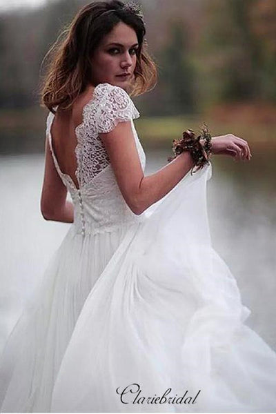 Cap Sleeves V-neck Summer Wedding Dresses, Newest Popular Lace Wedding Dresses