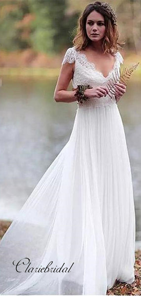 Cap Sleeves V-neck Summer Wedding Dresses, Newest Popular Lace Wedding Dresses