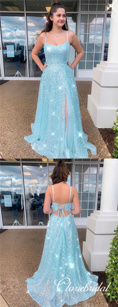 Lovley Blue Sequin Tulle Prom Dresses, Side Slit Prom Dresses, Newest Prom Dresses