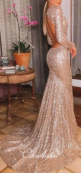 Long Sleeves Sequin Prom Dresses, V-neck Long Mermaid Prom Dresses, Open Back Prom Dresses, Long Prom Dresses