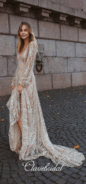 V-neck Long A-line Shiny Sequin Prom Dresses, Long Sleeves Prom Dresses, Shiny Prom Dresses