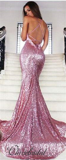 Cross Back Pink Sequin Mermaid Prom Dresses, Appliques Prom Dresses, Prom Dresses