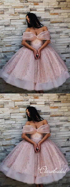 Off Shoulder Rose Gold Sequin Tulle Fluffy Homecoming Dresses