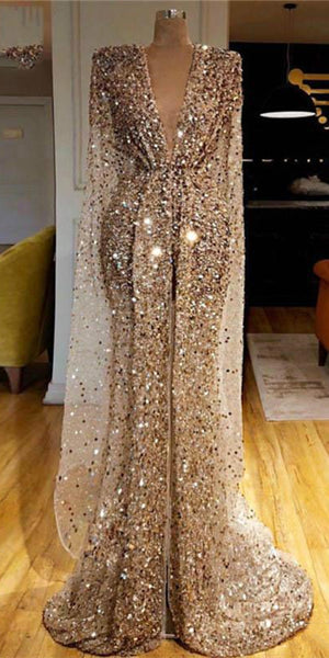 Deep V-neck Long Sleeves Saprkle Sequin Prom Dresses, Sexy 2021 Prom Dresses, New Prom Dresses