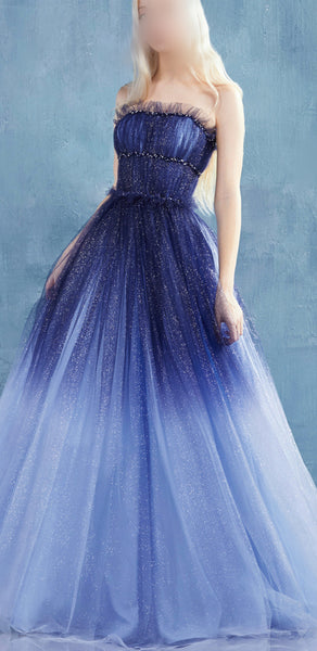 Strapless Long A-line Gradient Sequin Tulle Prom Dresses, Sparkle Prom Dresses, Long Prom Dresses