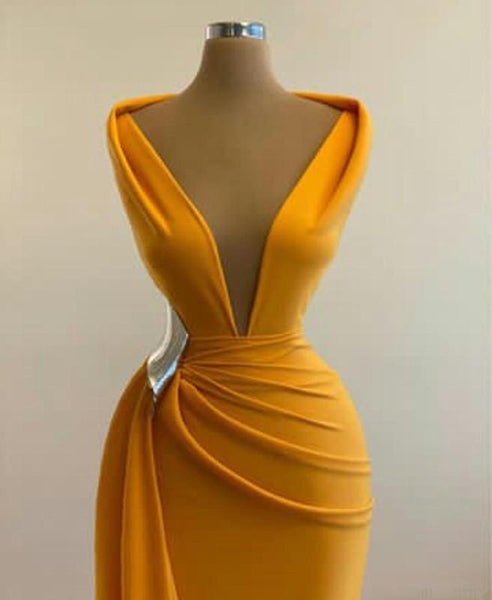 Deep V-neck Long Sheath Yellow Prom Dresses, Formal Evening Dresses, 2021 Prom Dresses