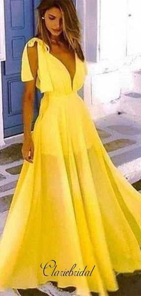 Simple Yellow Prom Dresses, Cheap Chiffon Prom Dresses, A-line Prom Dresses Long