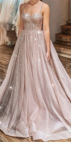 Spaghetti Long A-line Sequin Prom Dresses, Shiny Prom Dresses, Cheap Prom Dresses, 2021 Prom Dresses