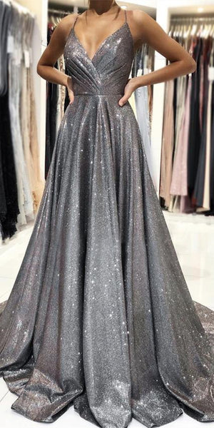Spaghetti Long A-line Shemmering Prom Dresses, Shiny Prom Dresses, Long Prom Dresses