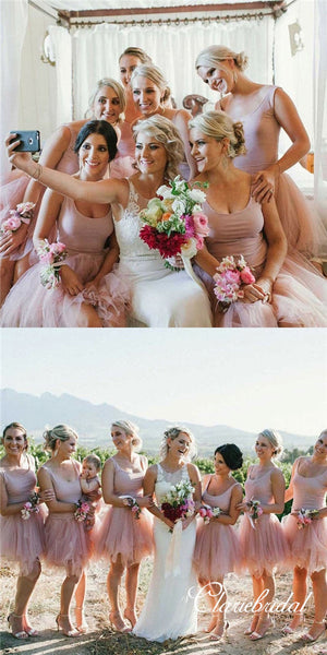 Nude Color Short Tulle Beach Wedding Guest Dresses, Bridesmaid Dresses