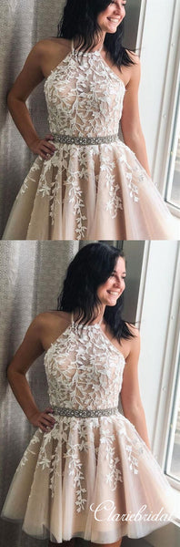 Halter Lace Tulle Beaded Homecoming Dresses, Lovely Short Prom Dresses