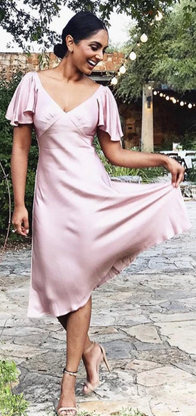 V-neck Elastic Satin Short Bridesmaid Dresses, Short Sleeves Bridesmaid Dresses, Popular Bridesmaid Dresses