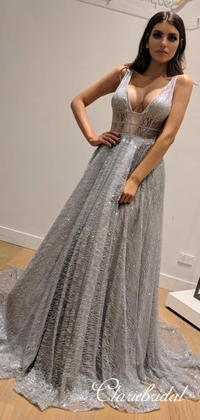 Deep V-neck Silver Sequin Tulle Long A-line Prom Dresses, Shiny Prom Dresses
