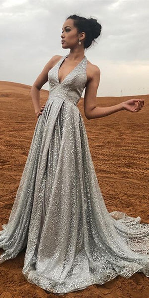 V-neck Halter Long A-line Silver Grey Sequin Tulle Prom Dresses, Newest 2021 Prom Dresses