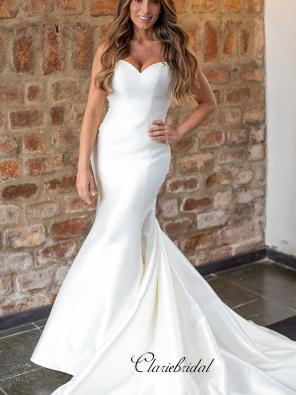 Simple Mermaid Satin Wedding Dresses, Backless Wedding Dresses, Cheap Bridal Gowns