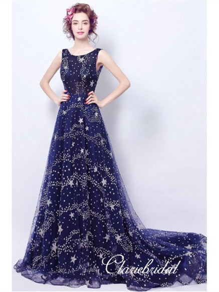 Round Neck Long A-line Sky Prom Dresses, Shiny Sparkle Long Prom Dresses, Long Prom Dresses