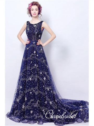 Round Neck Long A-line Sky Prom Dresses, Shiny Sparkle Long Prom Dresses, Long Prom Dresses