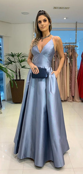 Deep V-neck A-line Long Prom Dresses, Straps Simple New Prom Dresses 2021