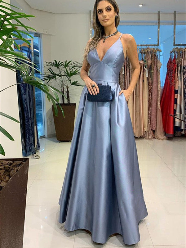 Deep V-neck A-line Long Prom Dresses, Straps Simple New Prom Dresses 2021
