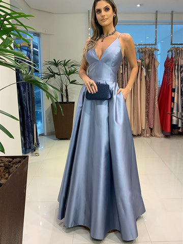 Deep V-neck A-line Long Prom Dresses, Straps Simple New Prom Dresses 2021