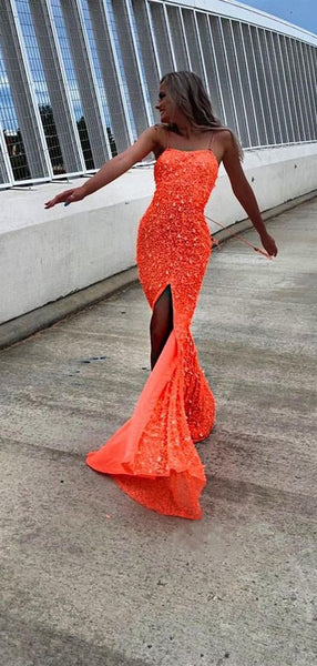 Orange Sequins Spaghetti Straps Long Prom Dresses, Sparkly 2021 Newest Prom Dresses