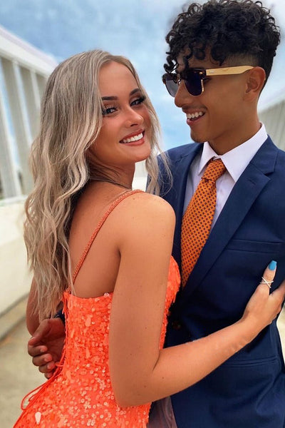 Orange Sequins Spaghetti Straps Long Prom Dresses, Sparkly 2021 Newest Prom Dresses