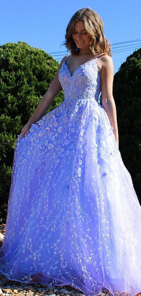 Spaghetti Straps Elegant Lace Long Prom Dresses, A-line Appliques Fashion 2021 Prom Dresses