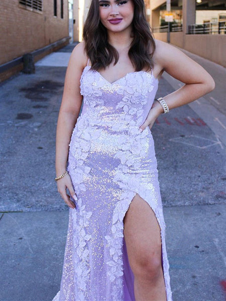 High Side Slit Appliques Long Prom Dresses, Sequins Popular 2021 Newest Prom Dresses