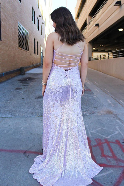 High Side Slit Appliques Long Prom Dresses, Sequins Popular 2021 Newest Prom Dresses