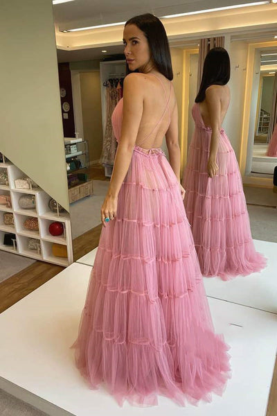 Spaghetti Pinl Tulle Prom Dresses, Lovely Prom Dresses, Formal Dresses, 2020 Prom Dresses