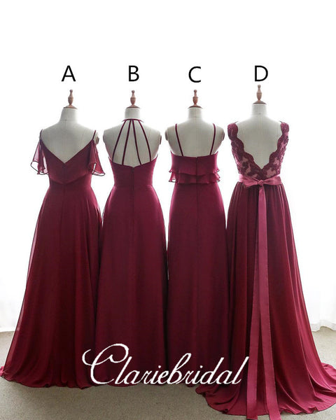 Mismatched Burgundy Chiffon Lace Long Bridesmaid Dresses