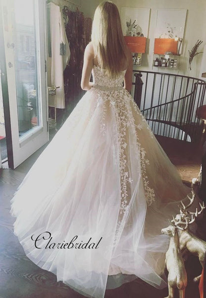 Gorgeous Strapless Lace Prom Dresses, A-Line Beaded Elegant Prom Dresses
