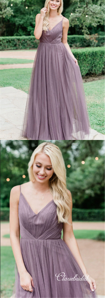 Elegant Long A-line Dusty Purple Tulle Bridesmaid Dresses