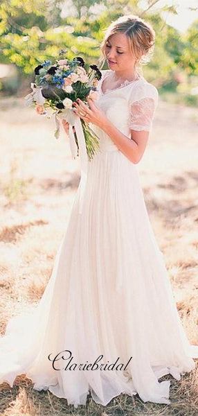 Simple Chiffon Design Wedding Dresses, A-line Lace Elegant Wedding Dresses