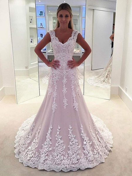 V-neck Long Lace Wedding Dresses, Elegant Bridal Gown