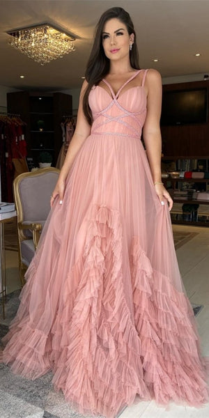 Dusty Pink Ruffled A-line Prom Dresses, Long Prom Dresses, 2021 Prom Dresses, Newest Prom Dresses