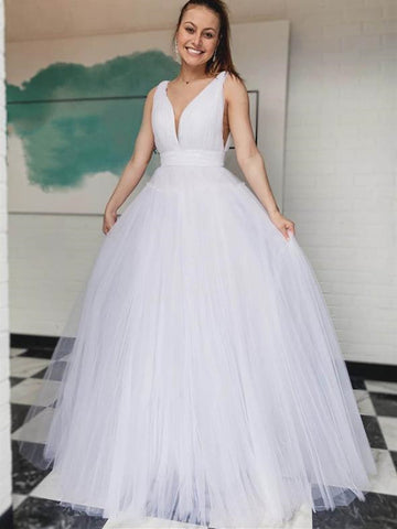 V-neck Simple Tulle Wedding Dresses, Long Wedding Dresses, Bridal Gown, 2020 Wedding Dresses