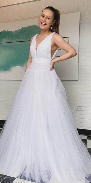 V-neck Simple Tulle Wedding Dresses, Long Wedding Dresses, Bridal Gown, 2020 Wedding Dresses