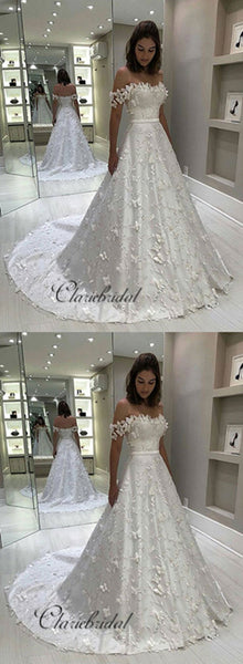 Elegant A-line Appliques Wedding Dresses, Off Shoulder Lace Fashion Wedding Dresses