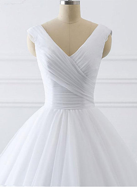 V-neck A-line White Tulle Lace Wedding Dresses, Bridal Gown