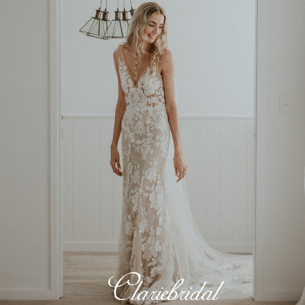 V-neck Lace Long Mermaid Country Wedding Dresses