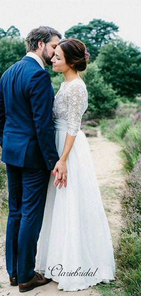 V-neck Lace Mid Sleeves Wedding Dresses, Popular Lace Wedding Dresses