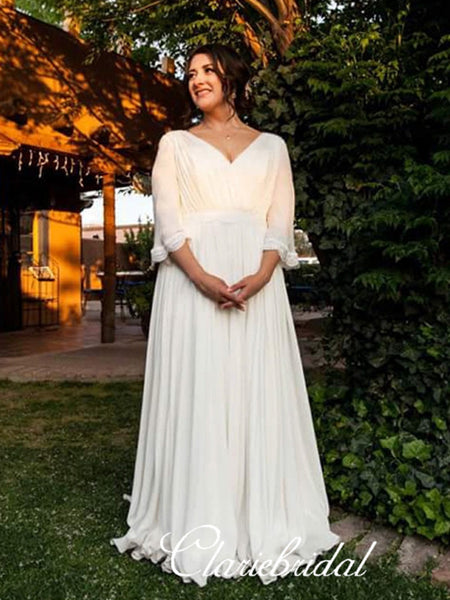 V-neck Long Sleeves Chiffon Lace Boho Wedding Dresses